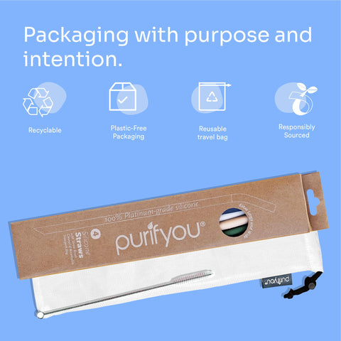 Purifyou cleaning brush shown with case, emphasizes thorough cleaning and maintenance.