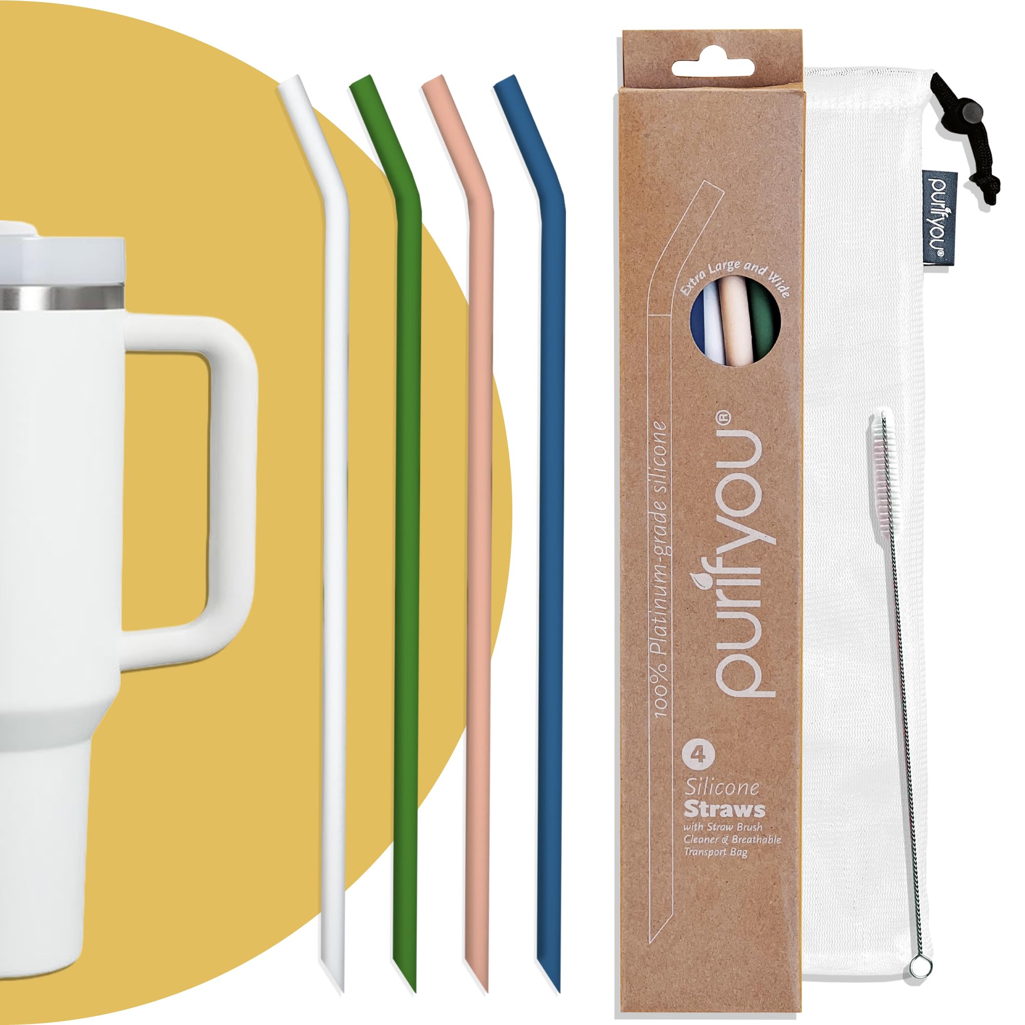 Purifyou extra-long white glow straw shown for 40 oz tumblers, easy to spot in low light.