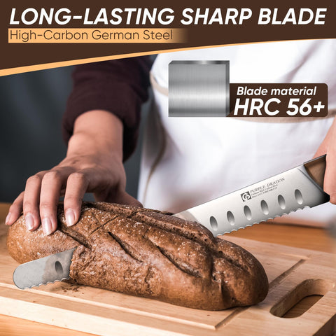Purple Dragon bread knife all-steel construction for durable, safe kitchen performance.