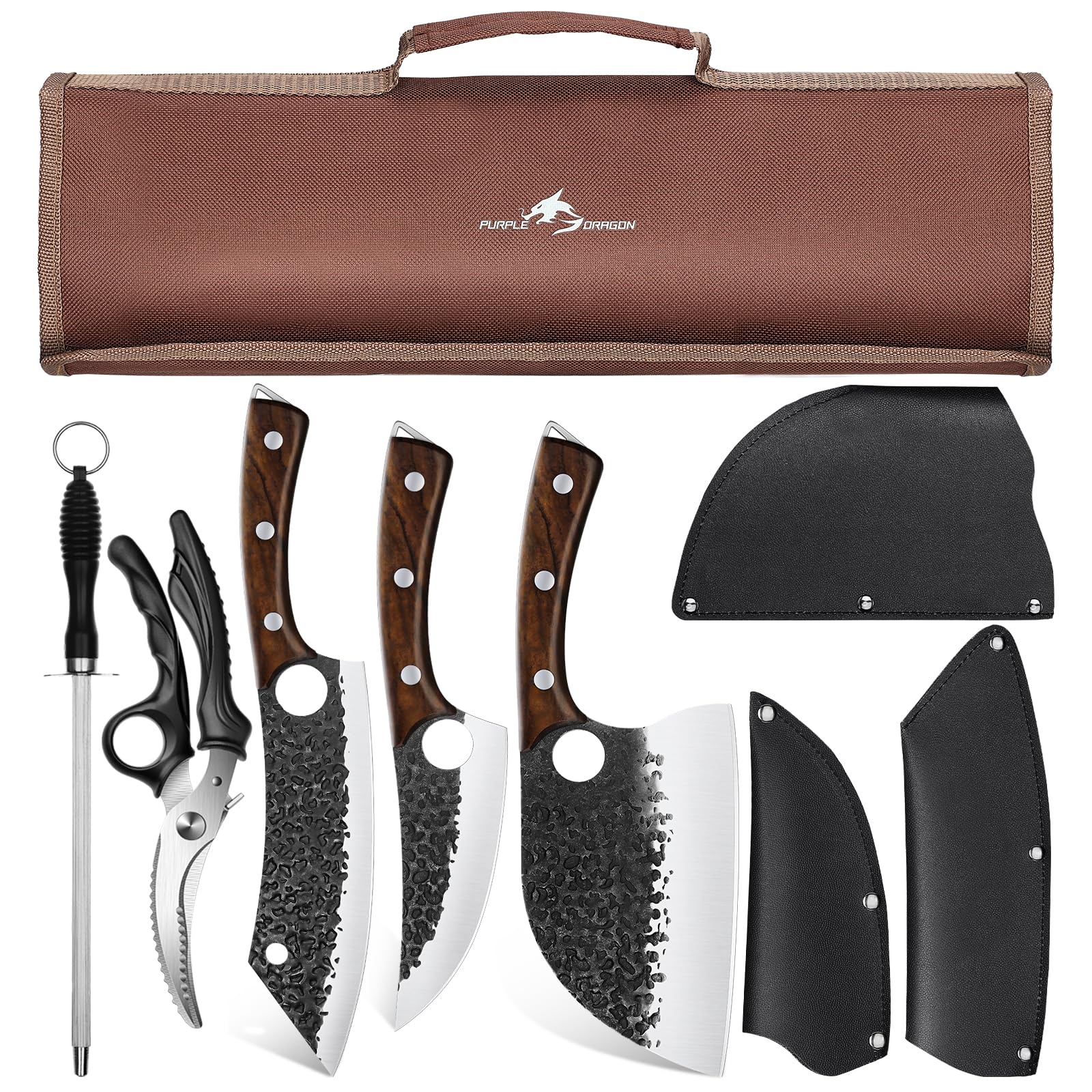 Purple Dragon butcher knife set in roll bag for organized storage and transport