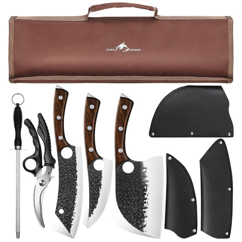 Purple Dragon butcher knife set in roll bag for organized storage and transport