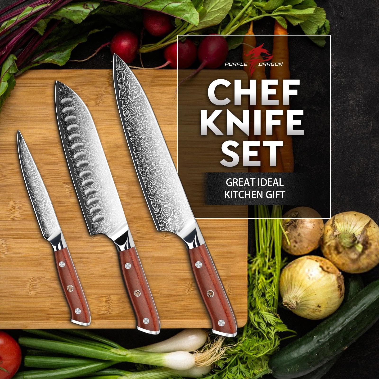 Purple Dragon 5-inch Damascus utility knife, compact versatility for small prep.