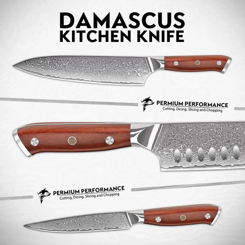 Purple Dragon Damascus blade close-up showing razor-sharp edge and pattern.