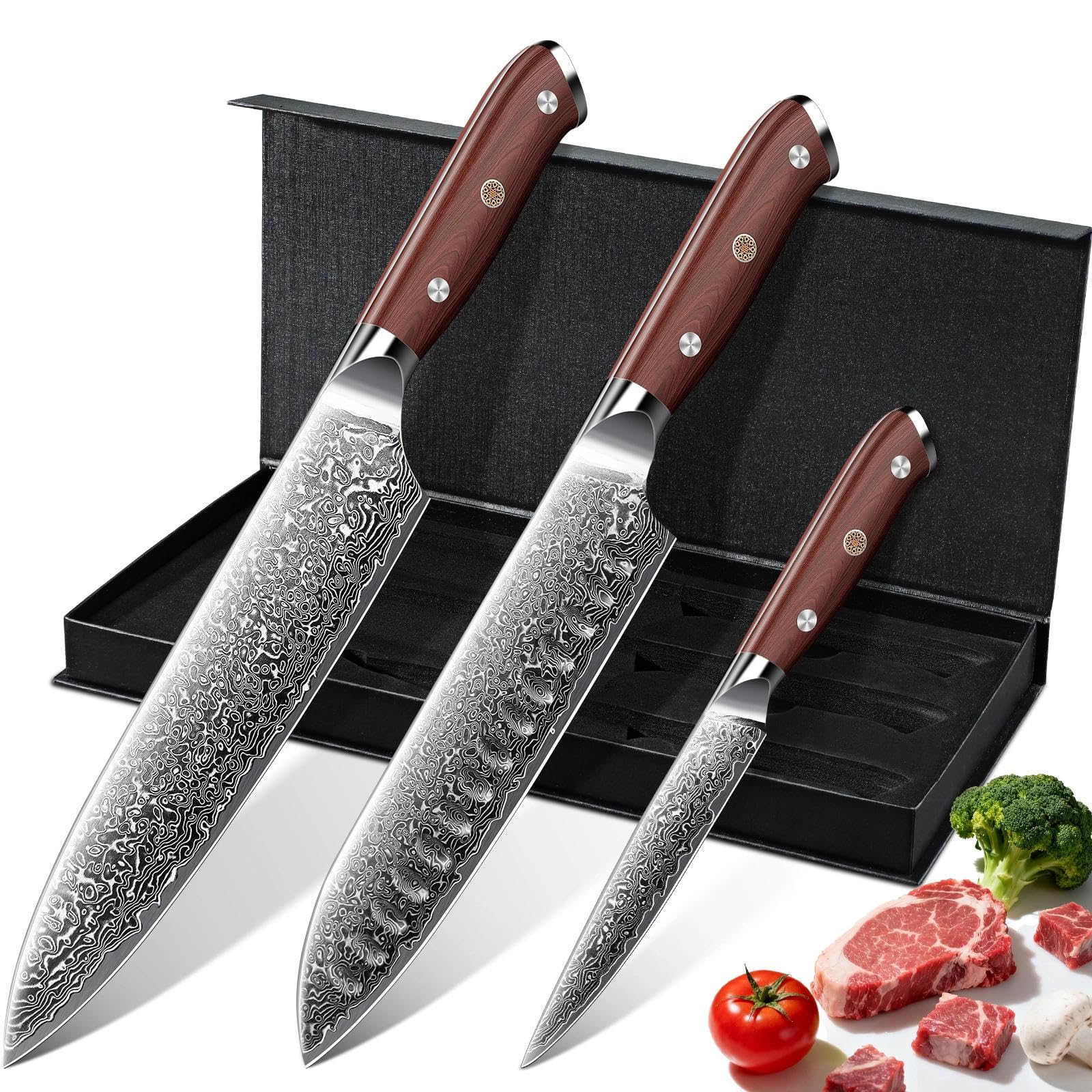 Purple Dragon Damascus knife set on display, durable walnut handles and refined craftsmanship.