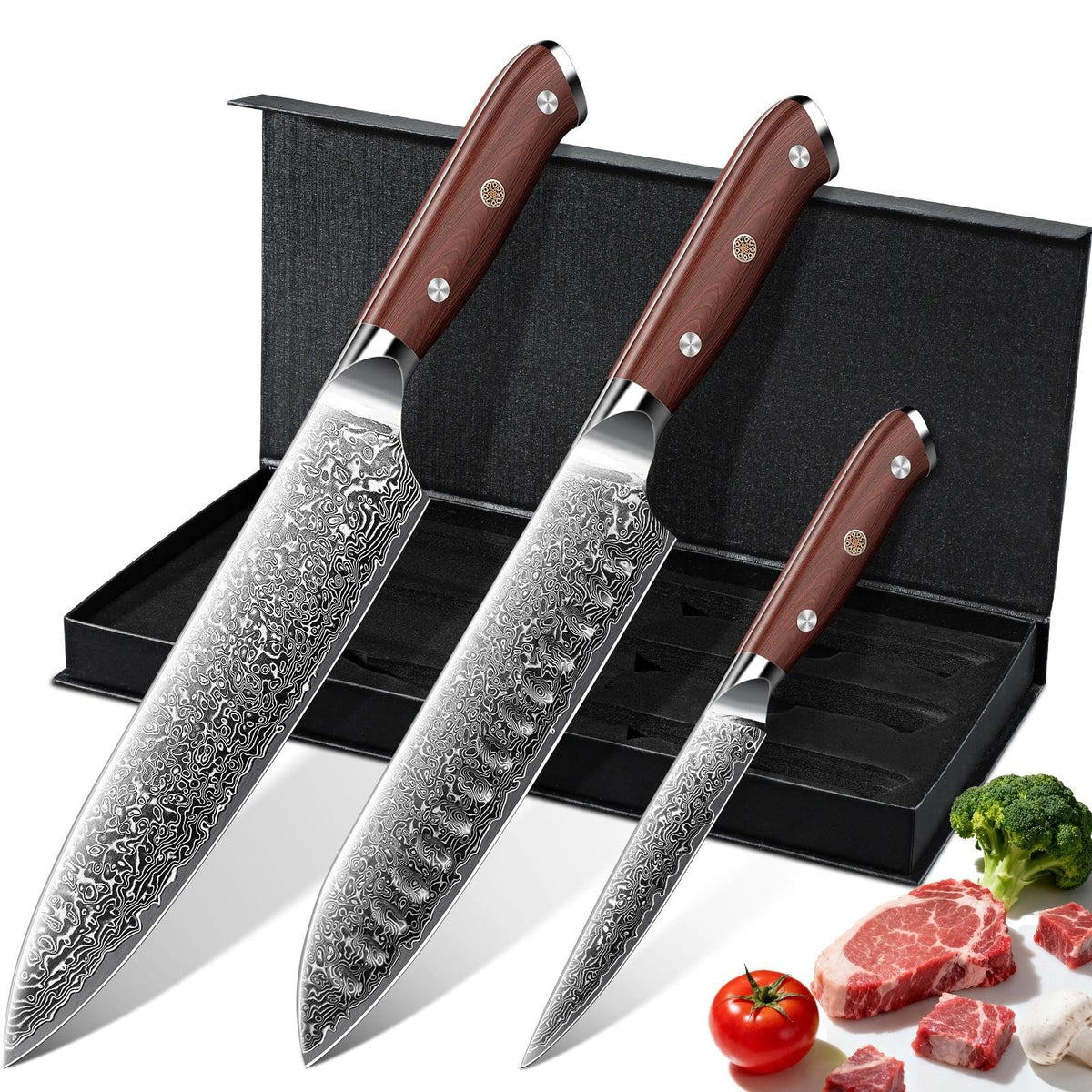 Purple Dragon Damascus knife set on display, durable walnut handles and refined craftsmanship.