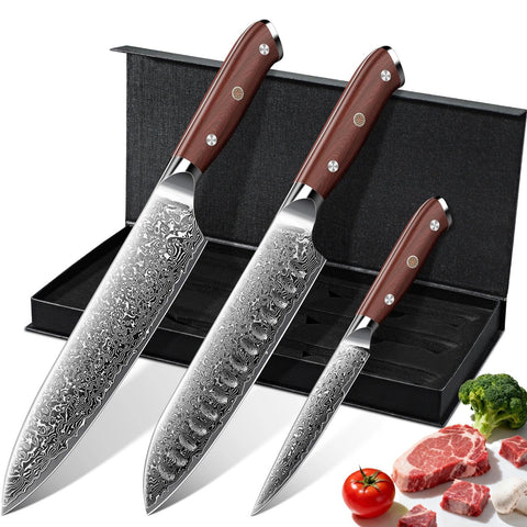 Purple Dragon Damascus knife set on display, durable walnut handles and refined craftsmanship.