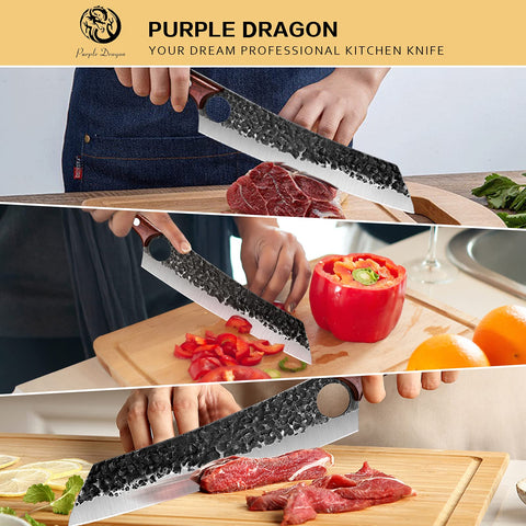 Purple Dragon hand-forged high-carbon steel emphasizes durability and long edge life