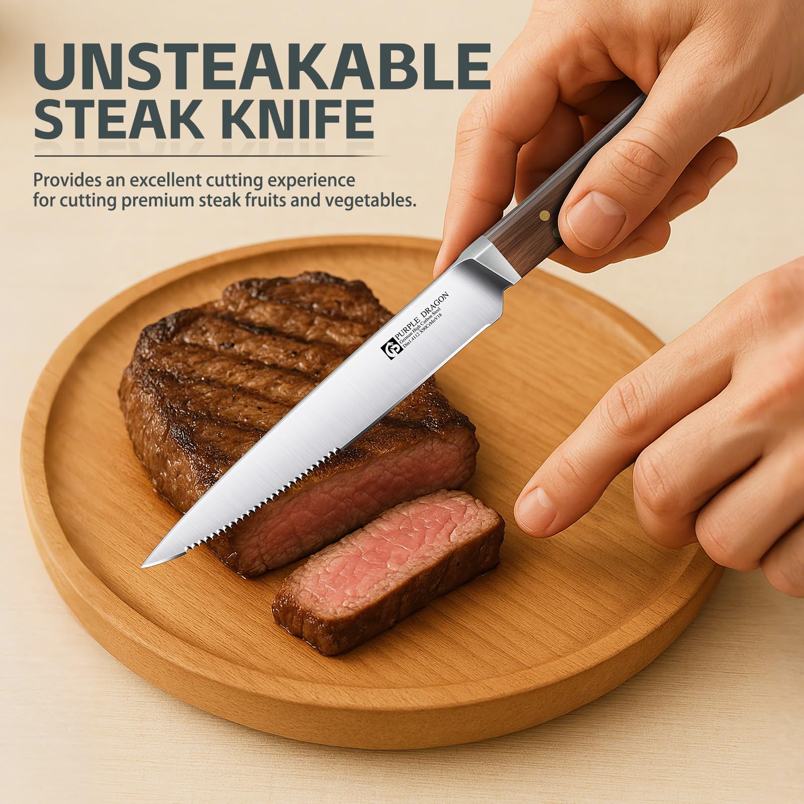 Purple Dragon high-carbon German steel blade stays sharp for long-term kitchen use.
