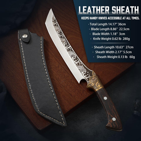 Purple Dragon knife outdoors in camping setup shows versatile meat and vegetable cutting
