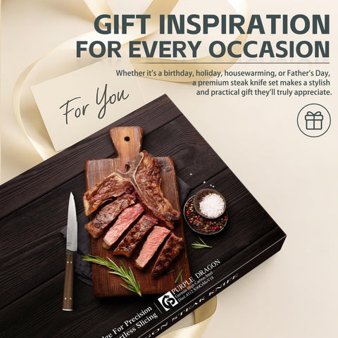 Purple Dragon gift-box presentation showcases a stylish, ready-to-gift steak knife set.