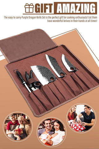 Purple Dragon portable knife set in roll bag for travel and outdoor cooking