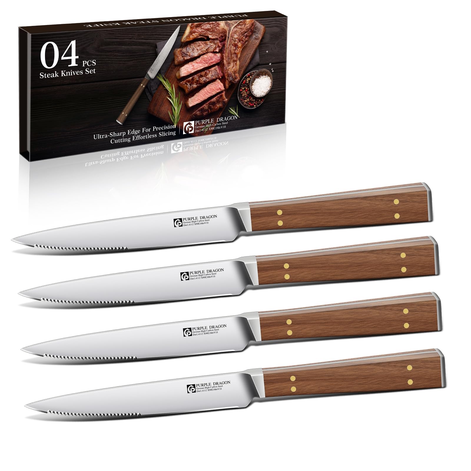 Purple Dragon serrated steak knives in a 4-pack with wood block for effortless slicing.