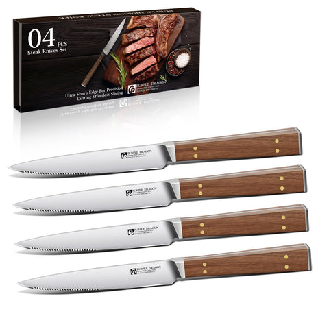 Purple Dragon serrated steak knives in a 4-pack with wood block for effortless slicing.