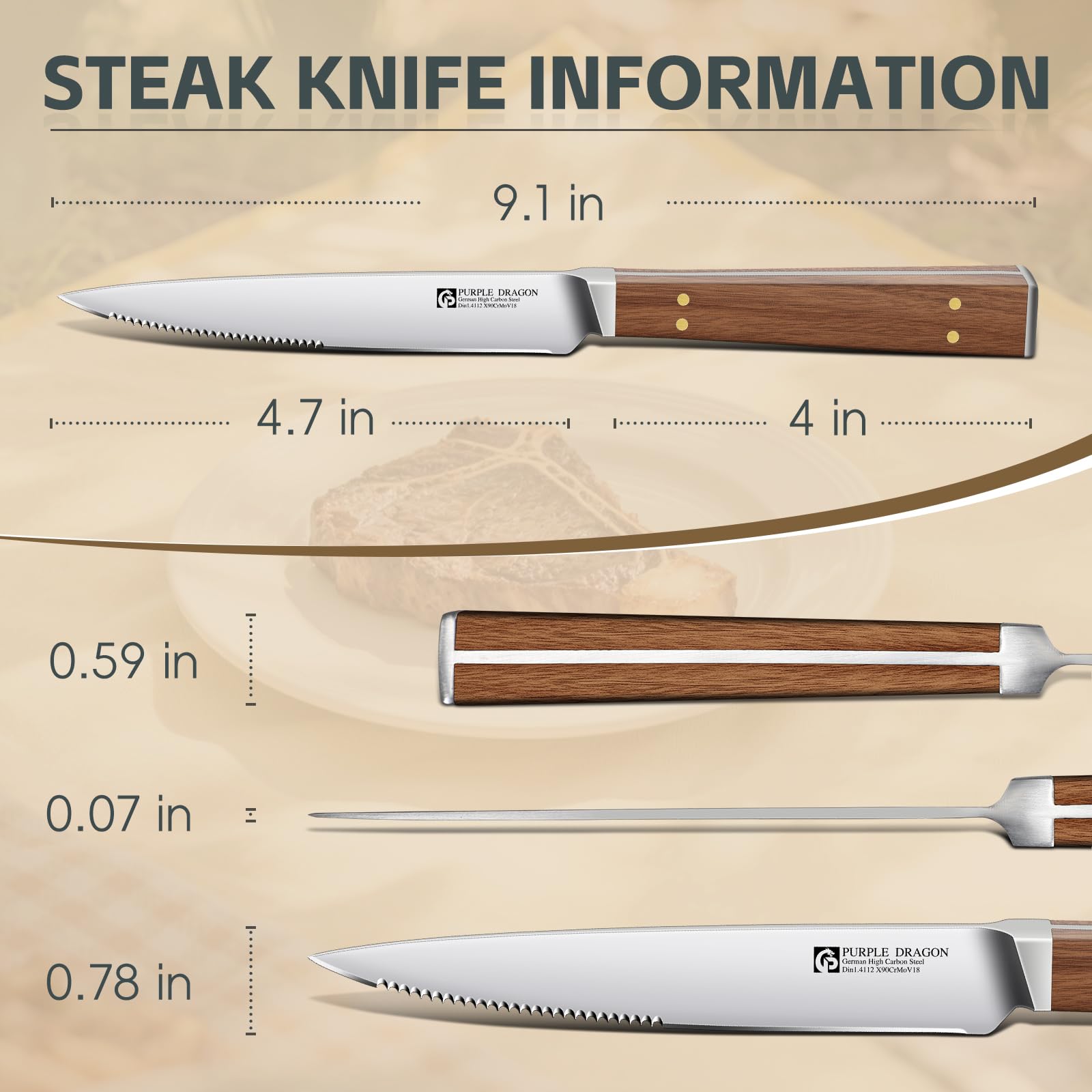 Purple Dragon square wooden handle knives deliver steady control during prep and dining.