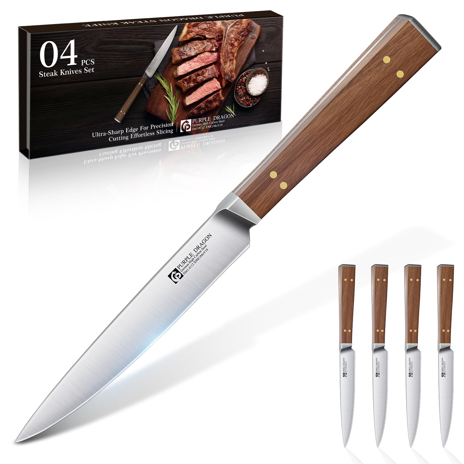 Purple Dragon steak knives suit homes, BBQs, and restaurants with reliable performance.