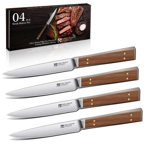 Purple Dragon steak knives set of 4 with smooth edges for clean slices.