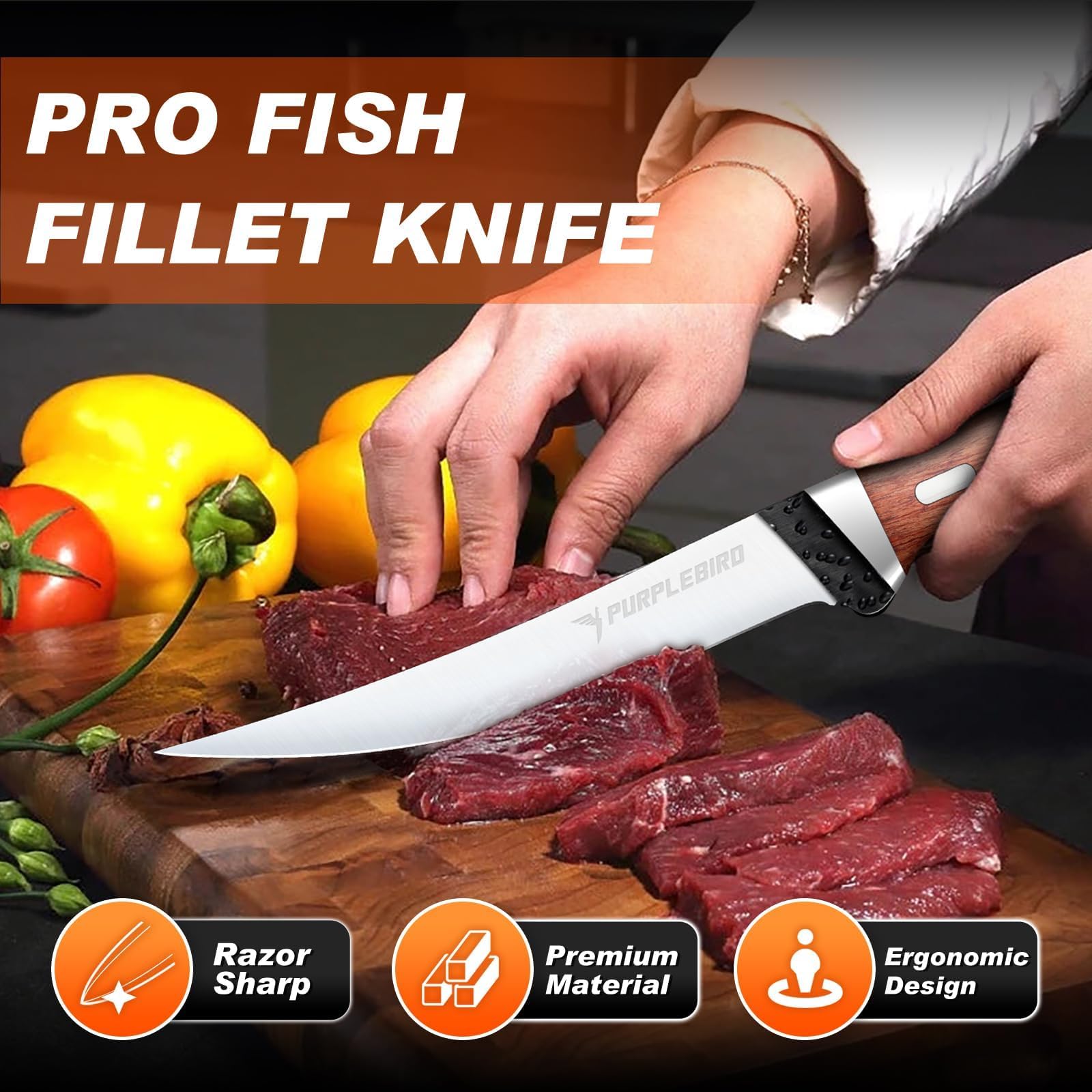 PurpleBird fillet knife with sheath offering protection and portability.