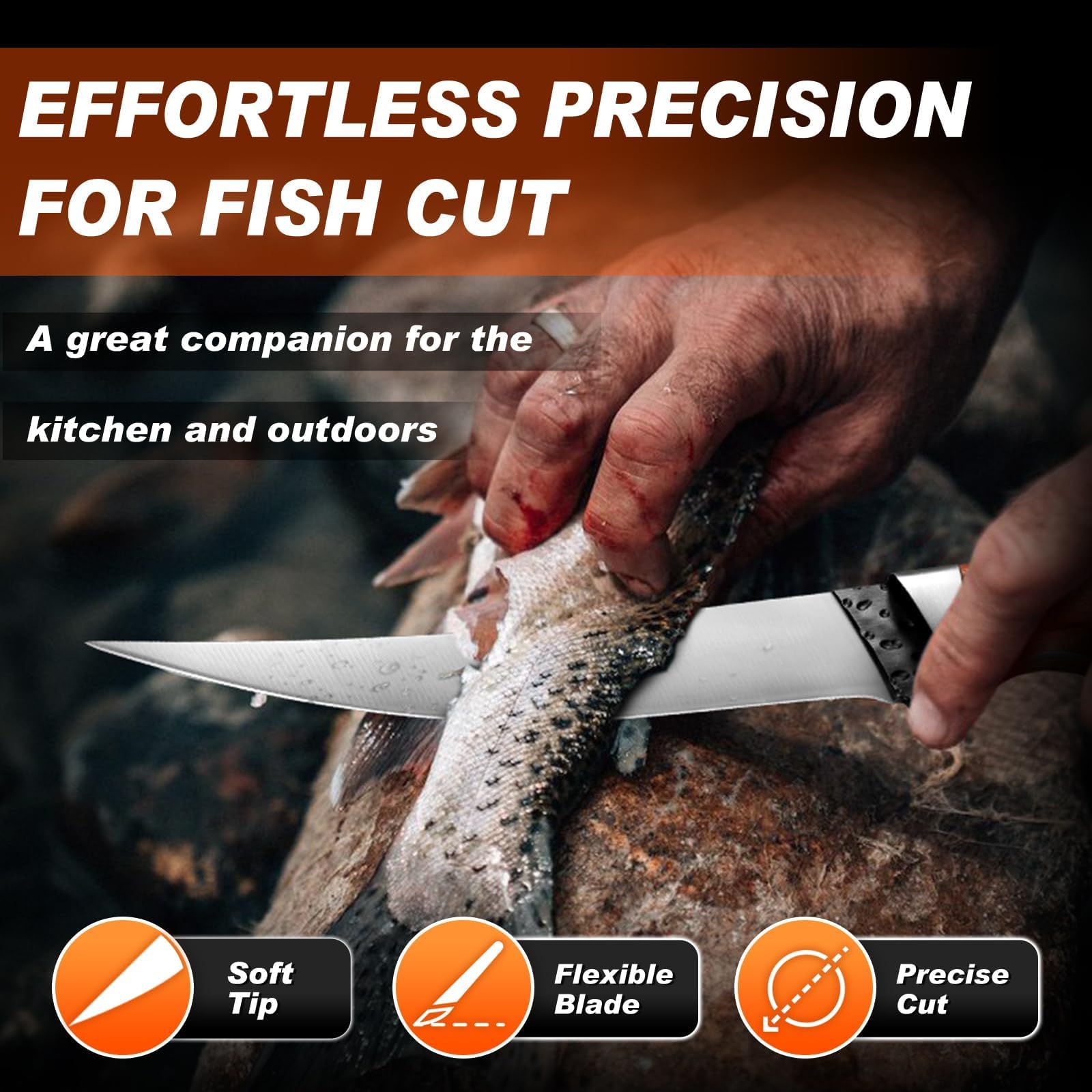 PurpleBird full-tang filleting knife providing balanced control during slicing.