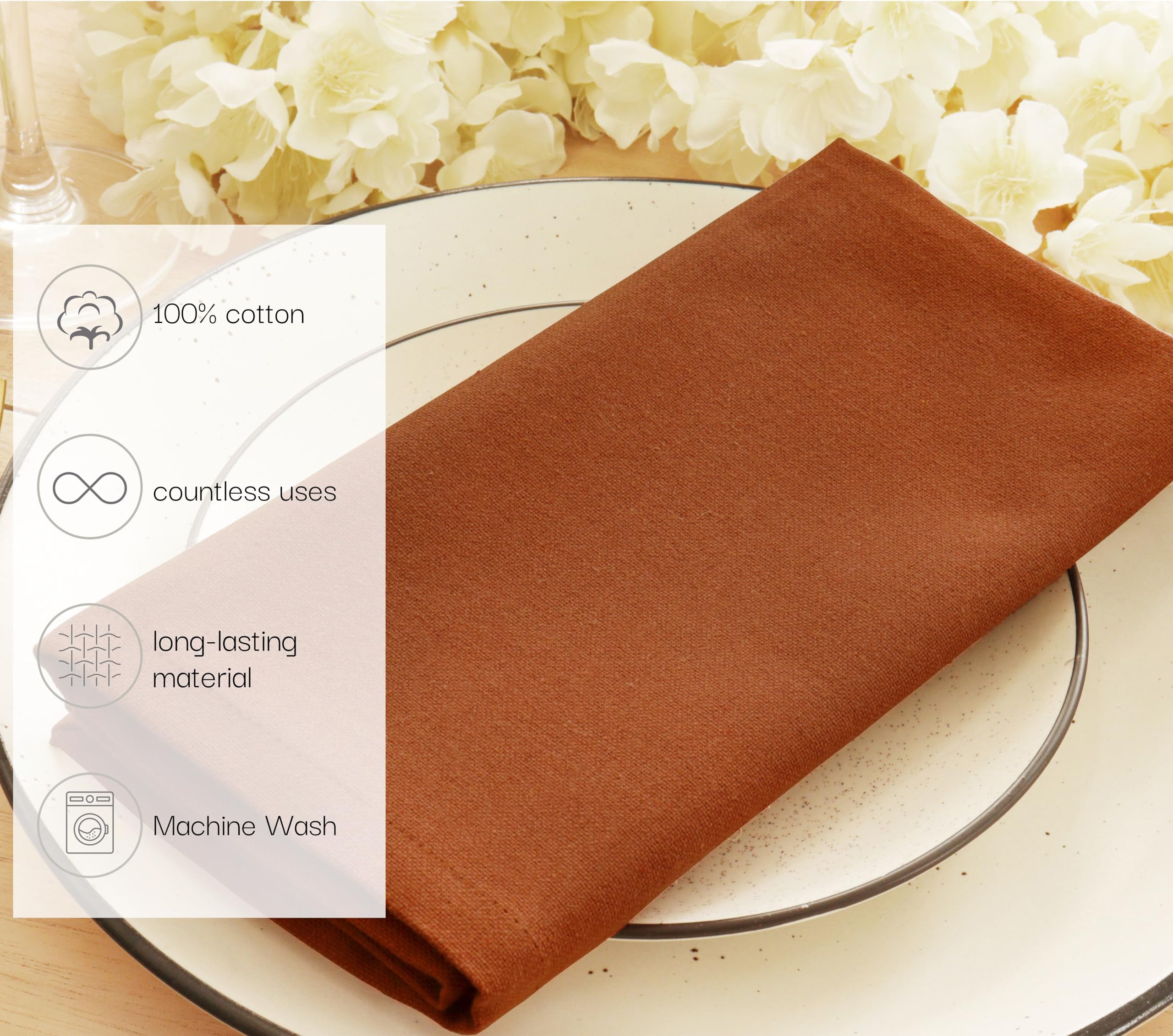PurpleEssences rust napkins with mitered corners add refined detail to table settings.