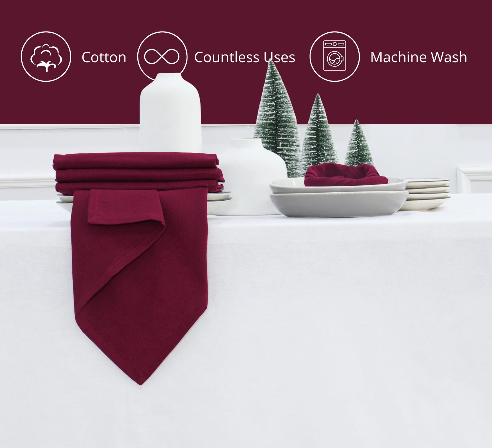 PurpleEssences solid-color burgundy napkins on a dining table