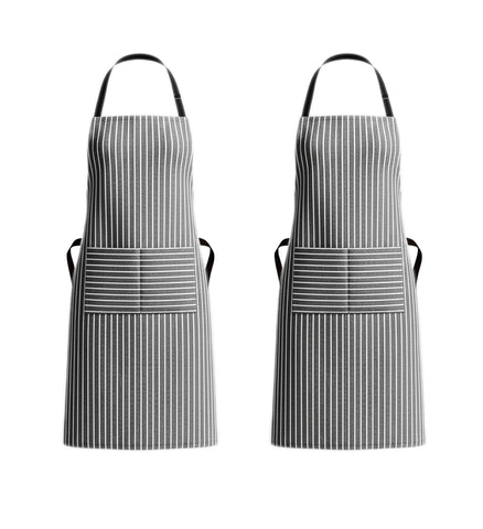 PurpleEssences striped apron front view showing stylish pattern and fit.