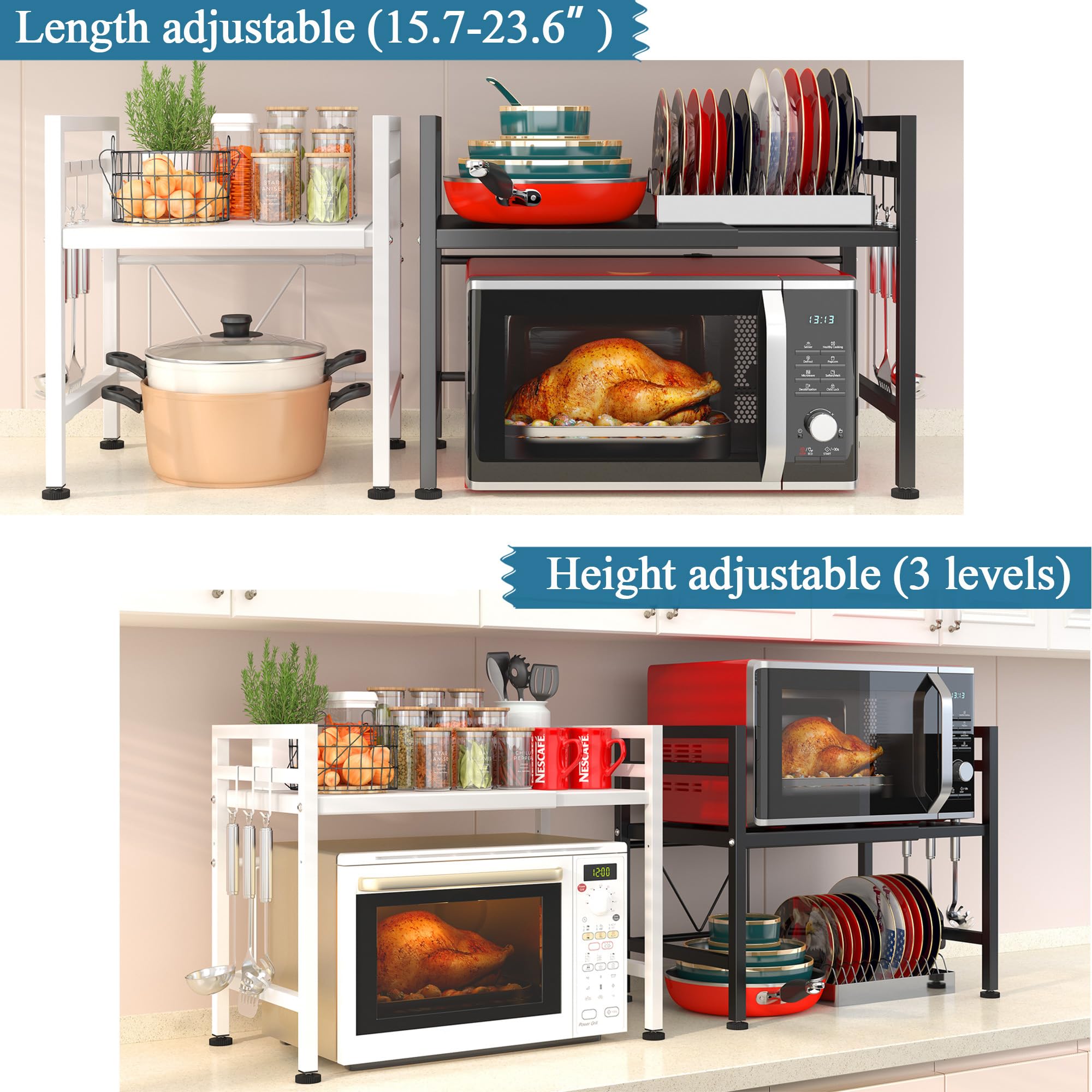 PUSDON extendable microwave rack two-tier design holds microwave and toaster