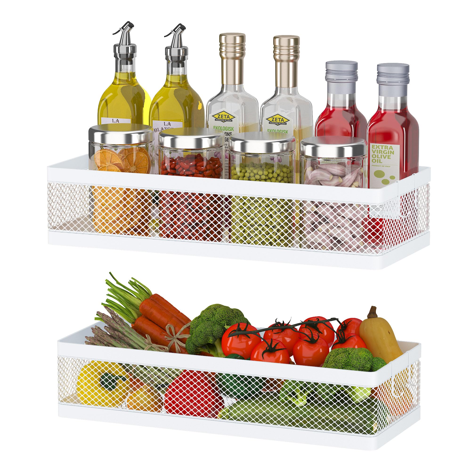 PUSDON hanging storage baskets on wall save kitchen space and organize bottles.