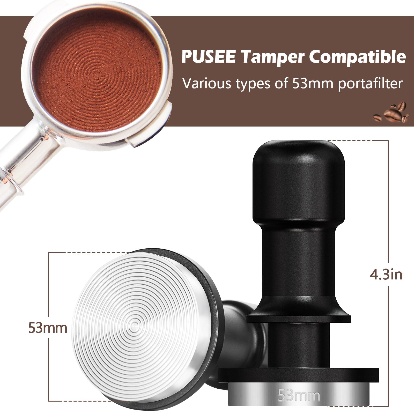 PUSEE calibrated springs close-up highlighting reliable 30 lb pressure for even tamp.