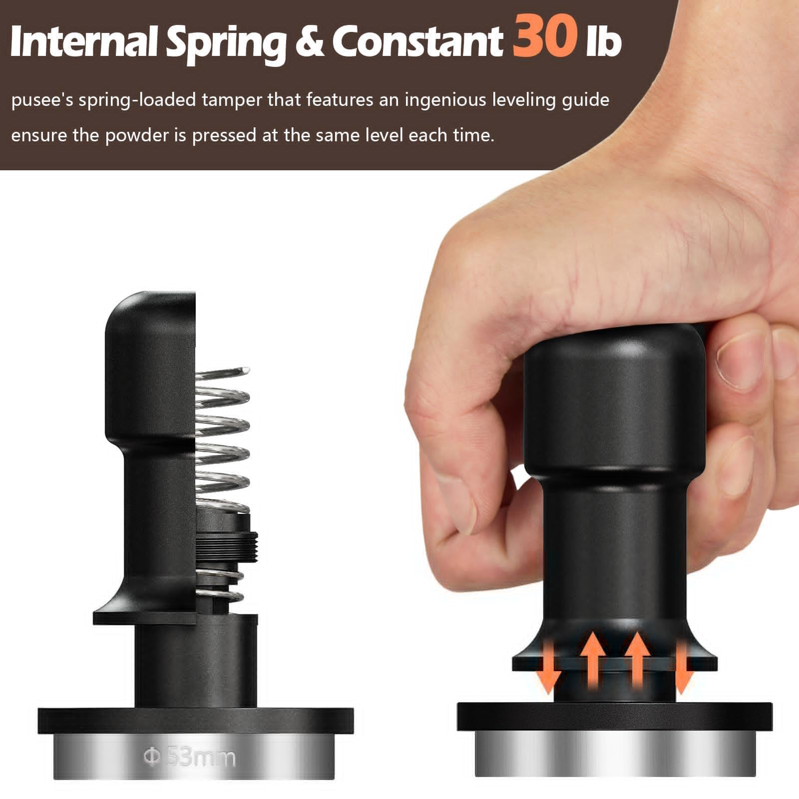 PUSEE ergonomic handle close-up facilitates comfortable grip during tamping.