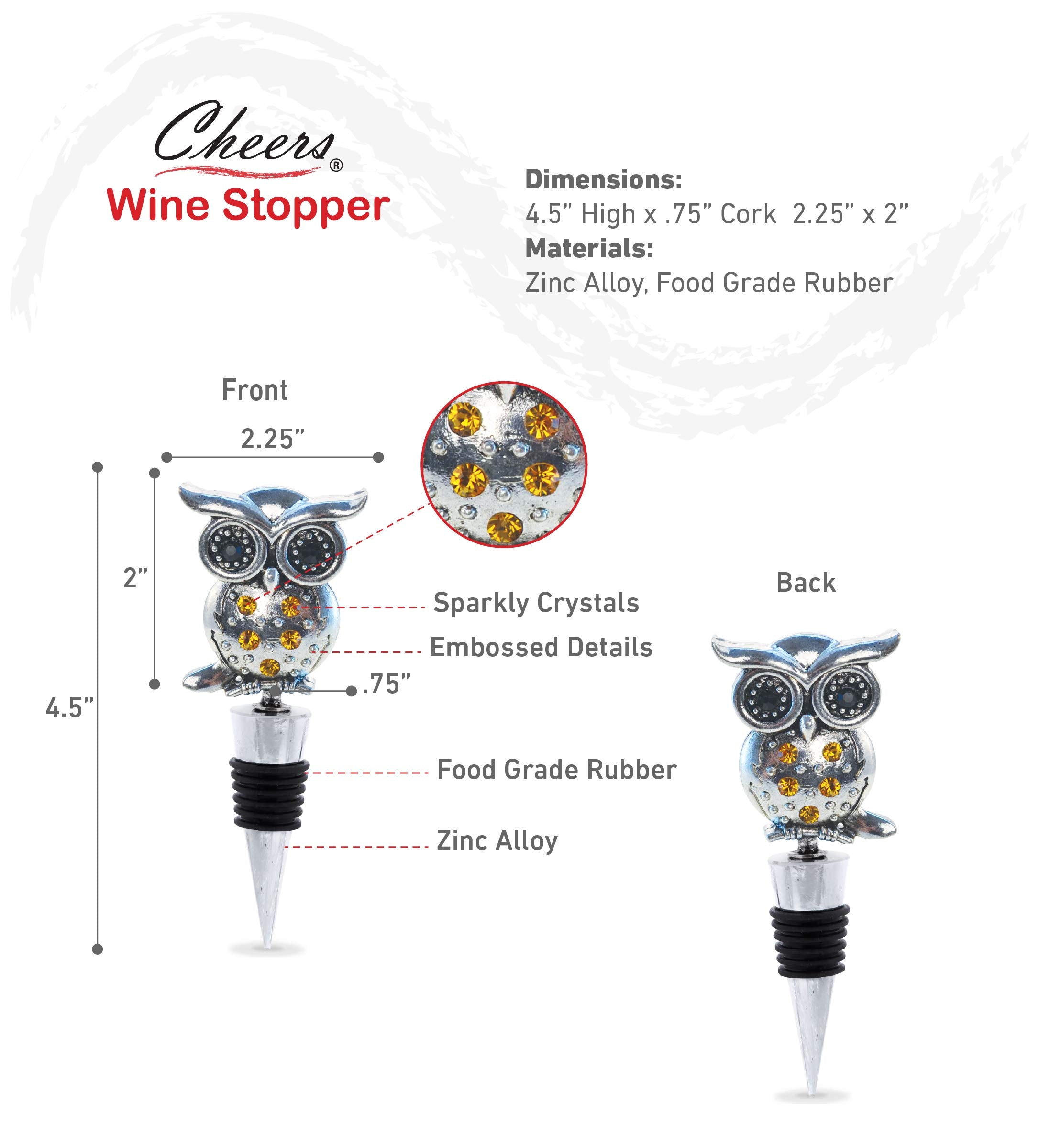 Puzzled Cheers Owl metal stopper closeup shows rhinestones for elegant gifting