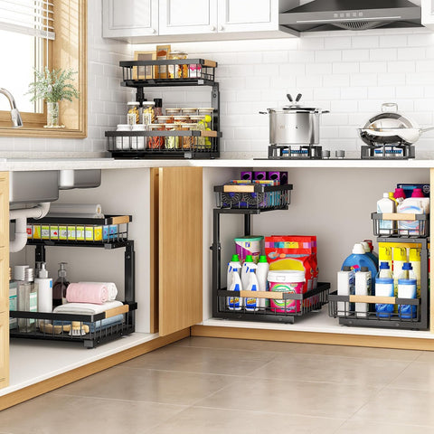 Bottom clearance accommodates tall bottles and dispensers in under-sink area