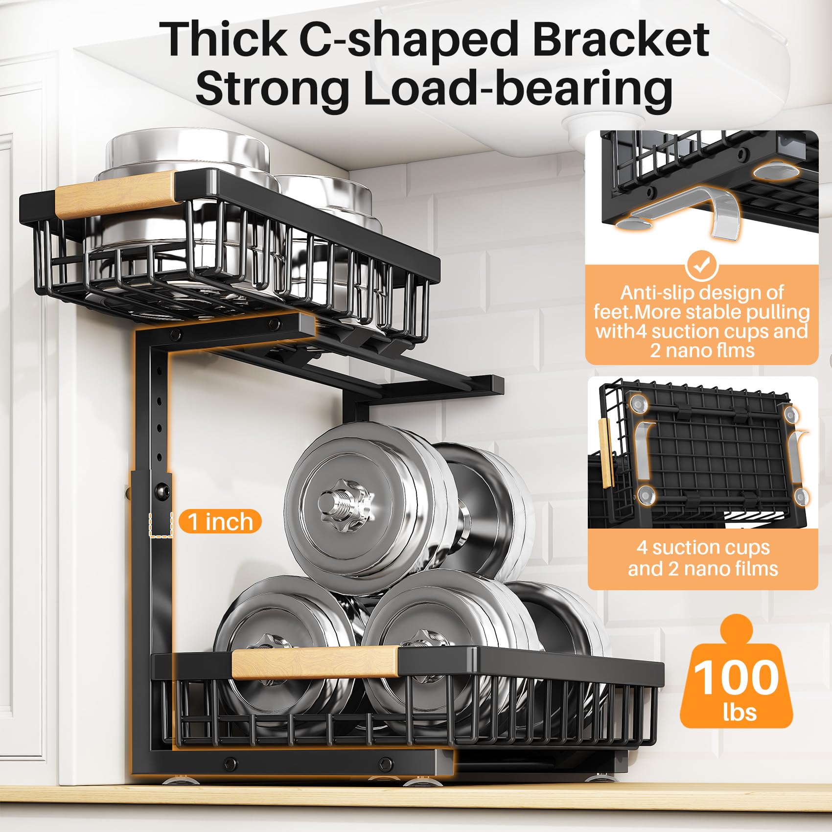 C-shaped design clears plumbing while maximizing under-sink space