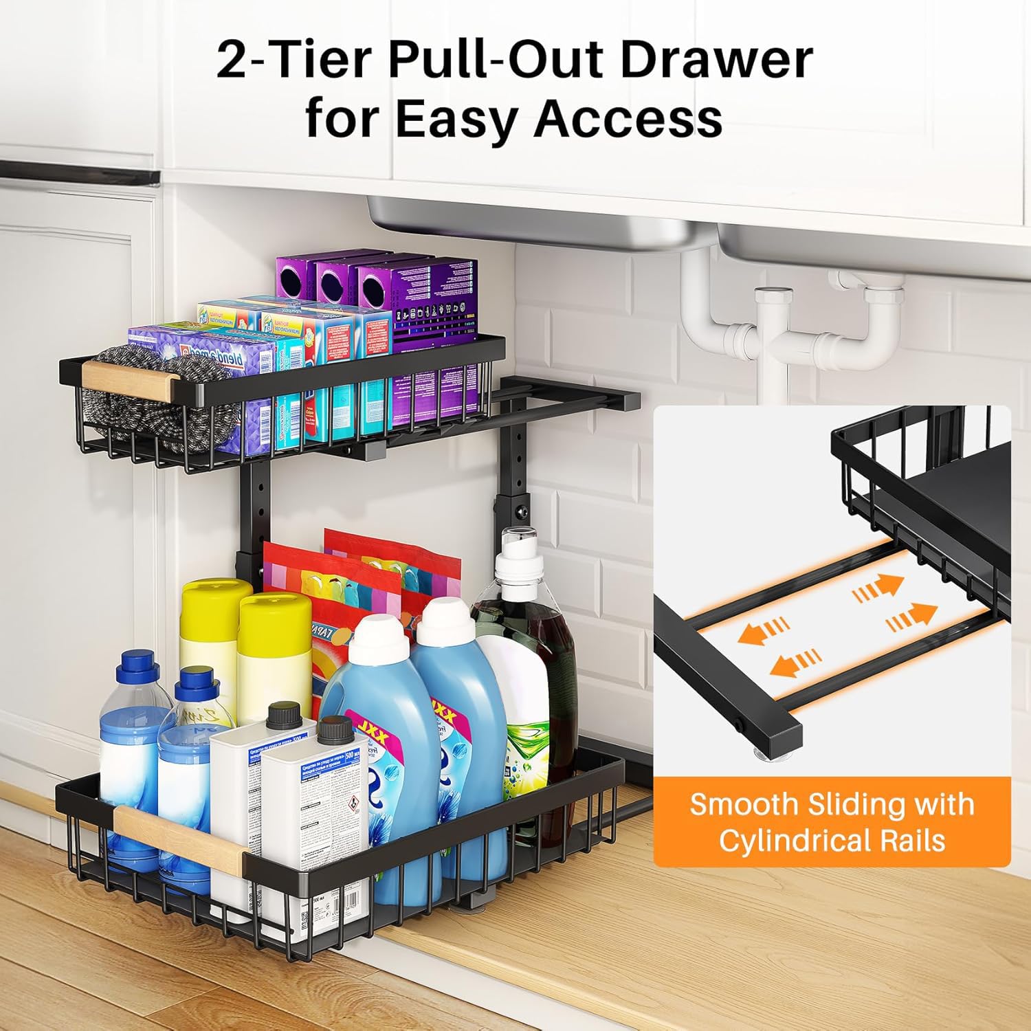 Enlarged baskets provide more storage for cleaners and bottles under the sink