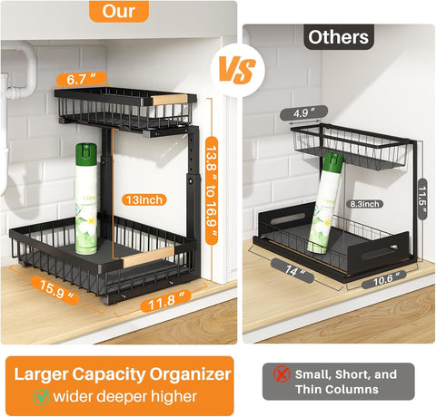 PXRACK height-adjustable under-sink storage adapts to different cabinet sizes