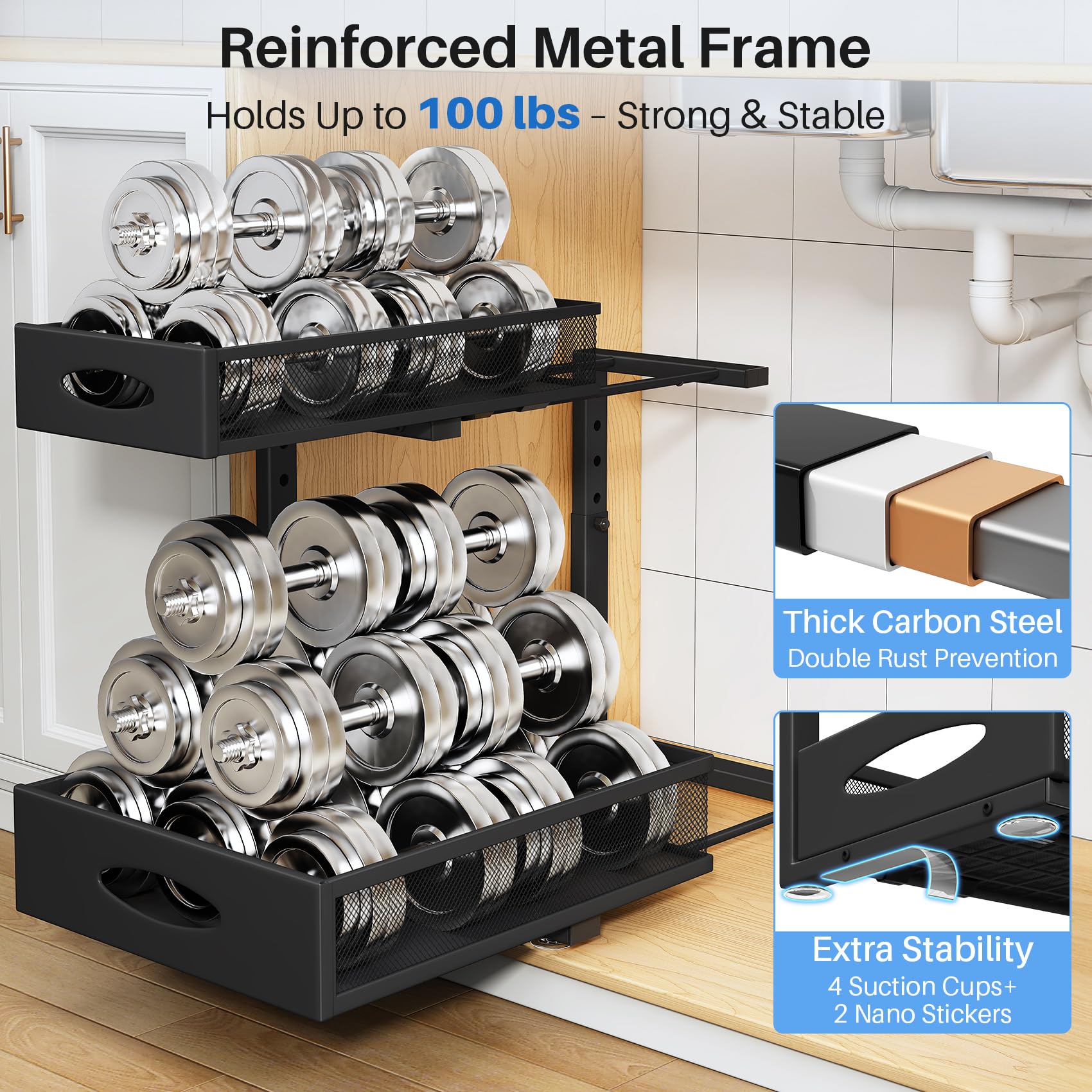PXRACK adjustable height system fits pipes and disposals efficiently.