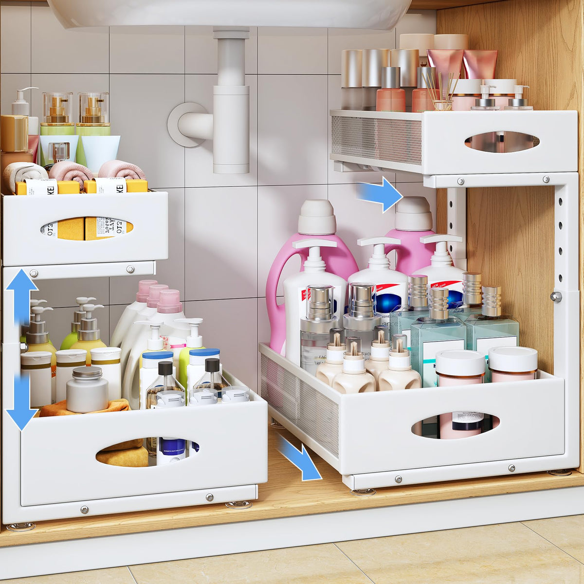 PXRACK under sink organizer 2-tier pull-out left for easy access.