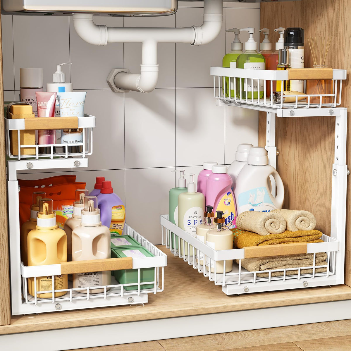 PXRACK under-sink organizer with C-shaped design fits plumbing neatly