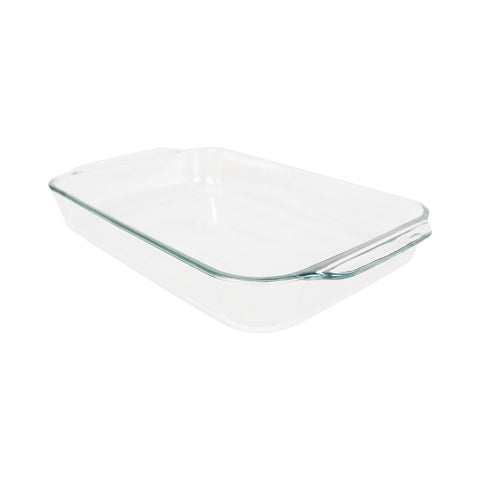 Pyrex 234 4qt clear glass baking dish, front view, ideal for easy monitoring while cooking.