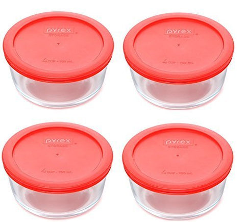 Pyrex 4-cup glass bowls with red lids, perfect for prep and storage.
