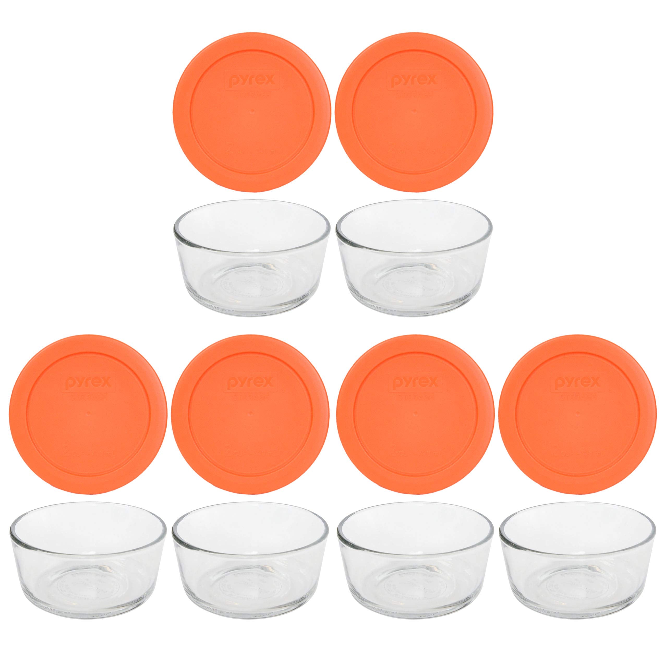 Pyrex 2-cup glass bowls stacked for easy leftover storage.