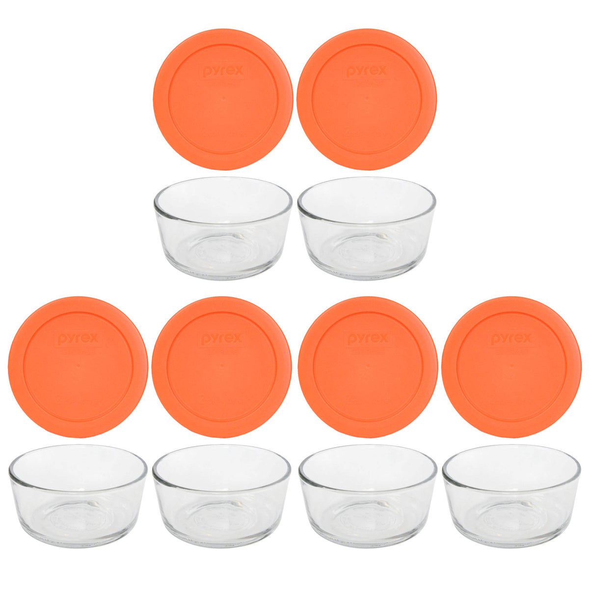 Pyrex 2-cup glass bowls stacked for easy leftover storage.