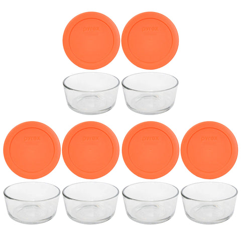 Pyrex 2-cup glass bowls stacked for easy leftover storage.