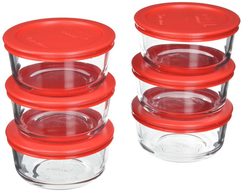 Pyrex 2-cup glass bowls with red lids for meal prep and leftovers.