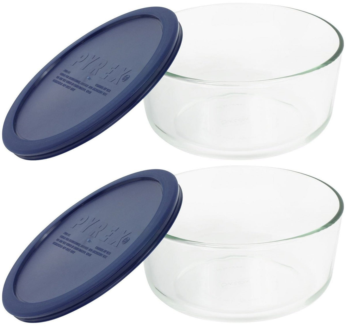 Pyrex 7201 4-cup glass bowl with dark blue lid, ideal for mixing and storage.