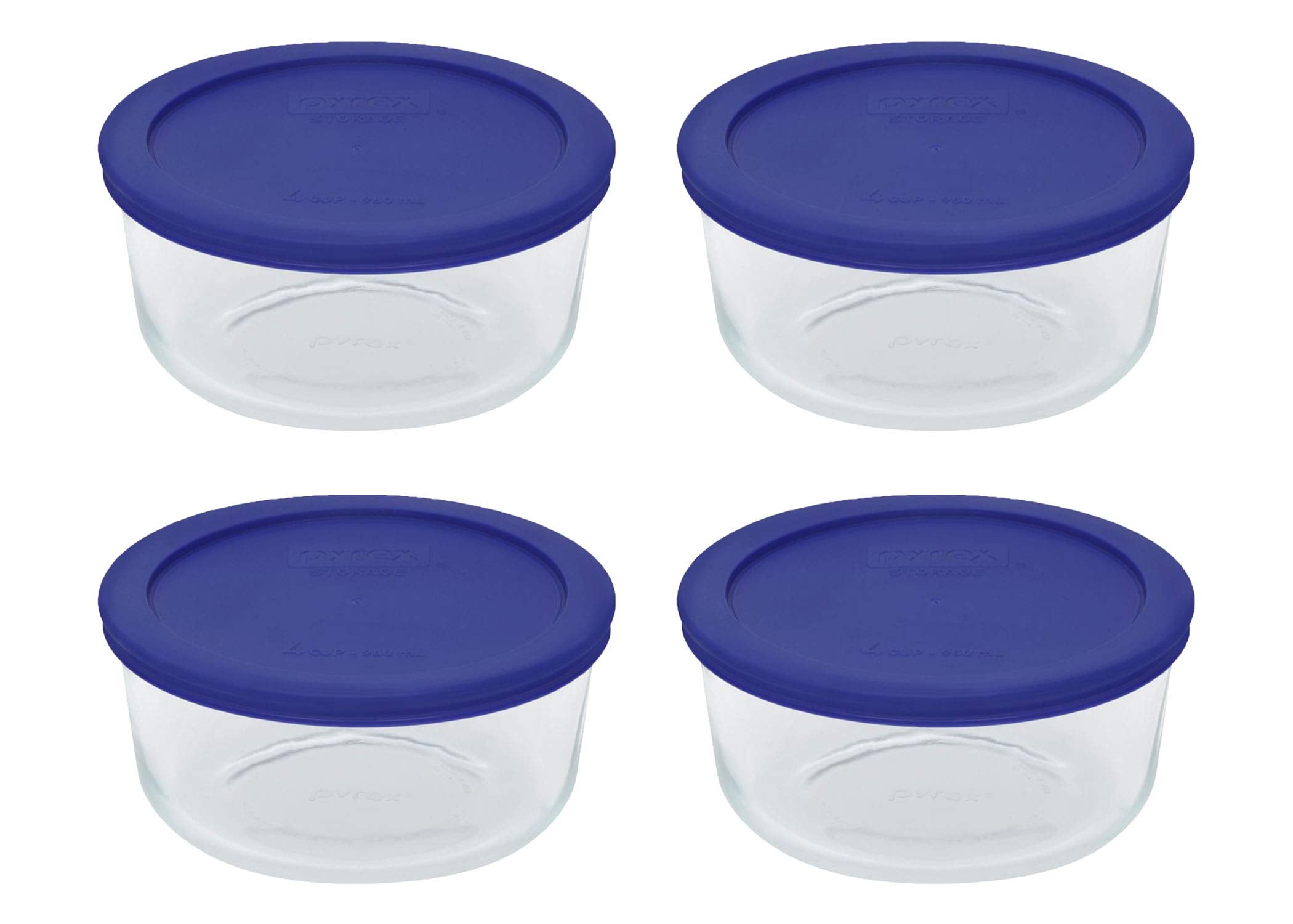 Pyrex 7201 glass bowls with cadet blue lids offer durable, freezer-friendly storage.
