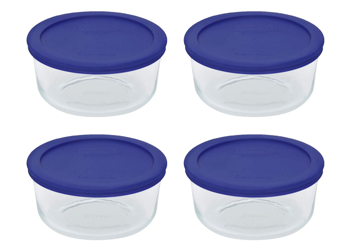 Pyrex 7201 glass bowls with cadet blue lids offer durable, freezer-friendly storage.