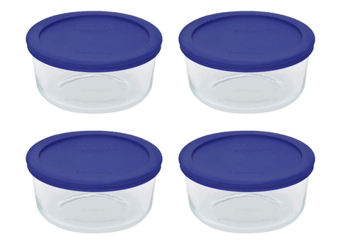 Pyrex 7201 glass bowls with cadet blue lids offer durable, freezer-friendly storage.