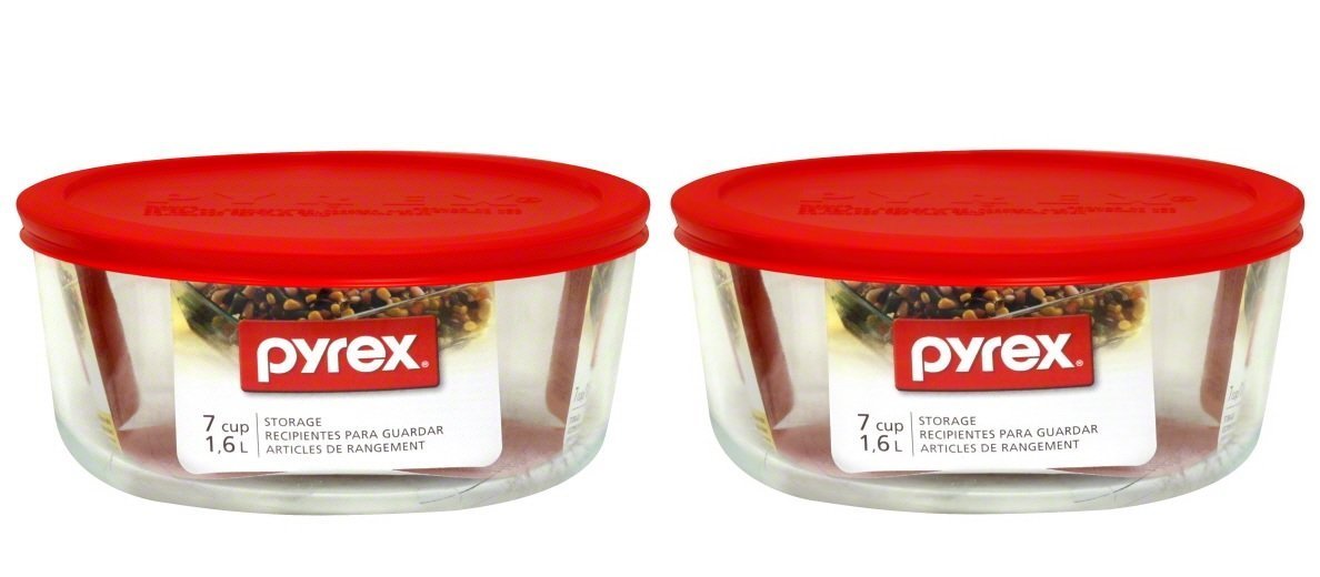 Pyrex 7203 7-cup glass bowl with red lid, durable storage for fridge and microwave