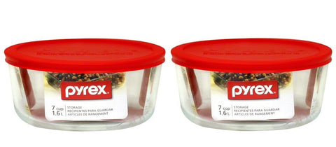 Pyrex 7203 7-cup glass bowl with red lid, durable storage for fridge and microwave