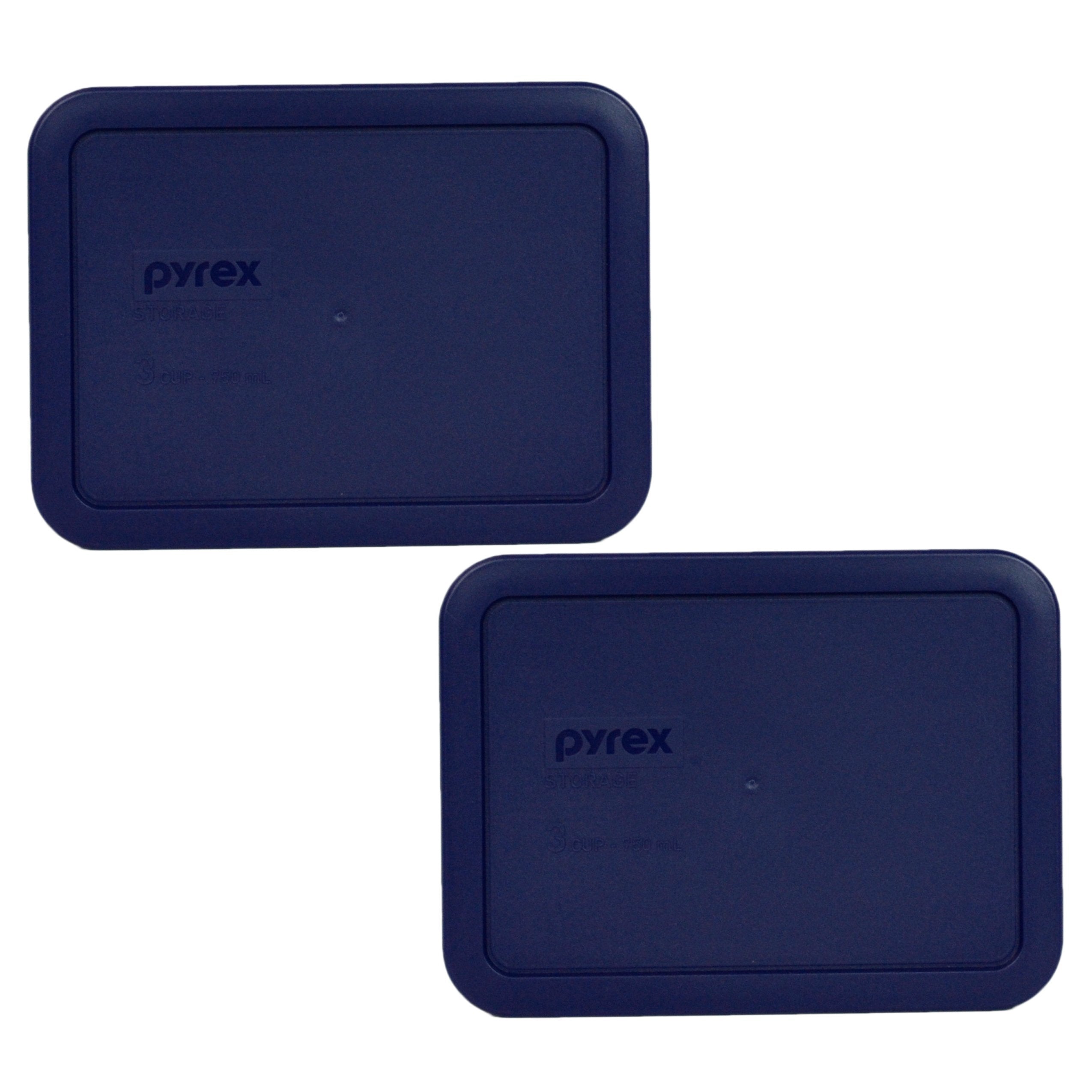 Pyrex 7210-PC blue rectangle lid on a Pyrex 3-cup container, non-porous for odor-free storage.